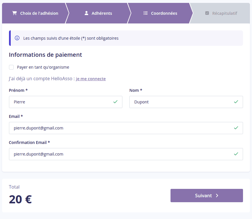 Étape 3 : Coordonnées et pop-up de vérification